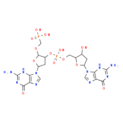 ChemSpider 2D Image | 2-Amino-9-{5-O-[{[5-(2-amino-6-oxo-3,6-dihydro-9H-purin-9-yl)-2-(phosphonomethoxy)tetrahydro-3-furanyl]oxy}(hydroxy)phosphoryl]-2-deoxypentofuranosyl}-3,9-dihydro-6H-purin-6-one | C20H26N10O13P2