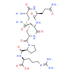 ChemSpider 2D Image | 1-{[(4R,7S,10S,13R)-13-Amino-7-(2-amino-2-oxoethyl)-10-(3-amino-3-oxopropyl)-6,9,12-trioxo-1,2-dithia-5,8,11-triazacyclotetradecan-4-yl]carbonyl}-L-prolyl-N~5~-(diaminomethylene)-L-ornithine | C26H43N11O9S2