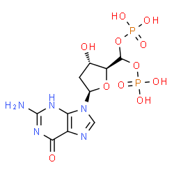 ChemSpider 2D Image | [(2S,3S,5R)-5-(2-Amino-6-oxo-3,6-dihydro-9H-purin-9-yl)-3-hydroxytetrahydro-2-furanyl]methylene bis[dihydrogen (phosphate)] | C10H15N5O11P2