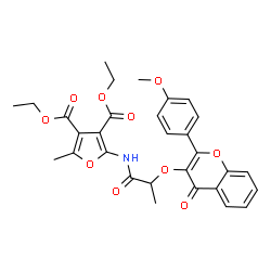 ChemSpider 2D Image | Diethyl 2-[(2-{[2-(4-methoxyphenyl)-4-oxo-4H-chromen-3-yl]oxy}propanoyl)amino]-5-methyl-3,4-furandicarboxylate | C30H29NO10