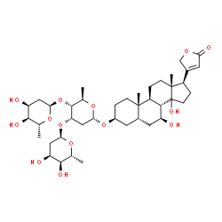 ChemSpider 2D Image | (3beta,5beta,7beta,14xi)-3-{[2,6-Dideoxy-alpha-D-ribo-hexopyranosyl-(1->3)-[2,6-dideoxy-alpha-D-ribo-hexopyranosyl-(1->4)]-2,6-dideoxy-alpha-D-ribo-hexopyranosyl]oxy}-7,14-dihydroxycard-20(22)-enolide | C41H64O14