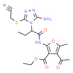 ChemSpider 2D Image | Ethyl 4-acetyl-2-[(2-{3-amino-5-[(cyanomethyl)sulfanyl]-4H-1,2,4-triazol-4-yl}butanoyl)amino]-5-methyl-3-furoate | C18H22N6O5S