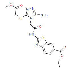 ChemSpider 2D Image | Ethyl 2-[({3-amino-5-[(2-methoxy-2-oxoethyl)sulfanyl]-4H-1,2,4-triazol-4-yl}acetyl)amino]-1,3-benzothiazole-6-carboxylate | C17H18N6O5S2