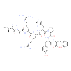 ChemSpider 2D Image | L-Isoleucyl-L-alanyl-N~5~-(diaminomethylene)-L-ornithyl-N~5~-(diaminomethylene)-L-ornithyl-L-histidyl-L-prolyl-L-tyrosyl-L-phenylalanine | C50H74N16O10
