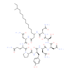 ChemSpider 2D Image | 3-[(3R,6R,9R,12R,15S,22S,25S,30aS)-6,9,15,22-Tetrakis(2-amino-2-oxoethyl)-3-(4-hydroxybenzyl)-12-(hydroxymethyl)-18-(11-methyltridecyl)-1,4,7,10,13,16,20,23,26-nonaoxotriacontahydropyrrolo[1,2-g][1,4,
7,10,13,16,19,22,25]nonaazacyclooctacosin-25-yl]propanamide | C55H86N14O16