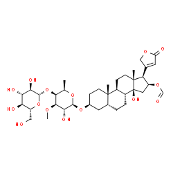 ChemSpider 2D Image | (3Î²,5Î²,16Î²)-3-[(6-Deoxy-4-O-Î²-D-glucopyranosyl-3-O-methyl-Î²-D-galactopyranosyl)oxy]-16-(formyloxy)-14-hydroxycard-20(22)-enolide | C37H56O15