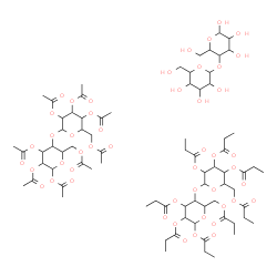 ChemSpider 2D Image | [2,3-diacetoxy-6-(acetoxymethyl)-5-[3,4,5-triacetoxy-6-(acetoxymethyl)tetrahydropyran-2-yl]oxy-tetrahydropyran-4-yl] acetate; [2,3-di(propanoyloxy)-6-(propanoyloxymethyl)-5-[3,4,5-tri(propanoyloxy)-6-(propanoyloxymethyl)tetrahydropyran-2-yl]oxy-tetrahydropyran-4-yl] propanoate; 2-(hydroxymethyl)-6-[4,5,6-trihydroxy-2-(hydroxymethyl)tetrahydropyran-3-yl]oxy-tetrahydropyran-3,4,5-triol | C76H114O49