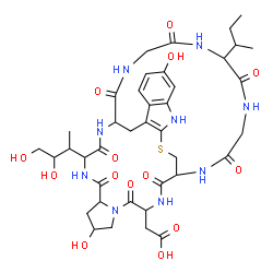 ChemSpider 2D Image | [34-sec-Butyl-13-(3,4-dihydroxy-2-butanyl)-8,22-dihydroxy-2,5,11,14,30,33,36,39-octaoxo-27-thia-3,6,12,15,25,29,32,35,38-nonaazapentacyclo[14.12.11.0~6,10~.0~18,26~.0~19,24~]nonatriaconta-18(26),19,21
,23-tetraen-4-yl]acetic acid | C39H53N9O14S