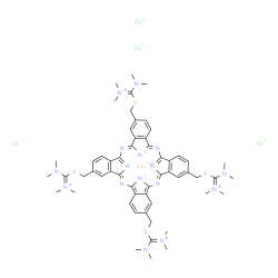 ChemSpider 2D Image | Copper(2+) 2,9,16,24-tetrakis({[(dimethylamino)(dimethyliminio)methyl]sulfanyl}methyl)phthalocyanine-29,31-diide chloride (1:1:4) | C56H68Cl4CuN16S4