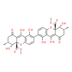 ChemSpider 2D Image | Dimethyl (5R,5'R,6R,6'R,10aS,10a'S)-1,1',5,5',9,9'-hexahydroxy-6,6'-dimethyl-8,8'-dioxo-5,5',6,6',7,7',8,8'-octahydro-10aH,10a'H-2,2'-bixanthene-10a,10a'-dicarboxylate | C32H30O14