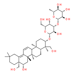 ChemSpider 2D Image | (3beta,9xi,16beta)-16,23,28-Trihydroxyoleana-11,13(18)-dien-3-yl 3-O-(6-deoxy-beta-D-glucopyranosyl)-beta-D-galactopyranoside | C42H68O13