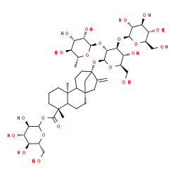 ChemSpider 2D Image | 1-O-[(5xi,8alpha,9xi,10alpha,13alpha)-13-{[6-Deoxy-alpha-D-mannopyranosyl-(1->2)-[beta-D-glucopyranosyl-(1->3)]-beta-D-glucopyranosyl]oxy}-18-oxokaur-16-en-18-yl]-D-glucopyranose | C44H70O22