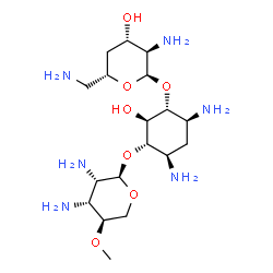 ChemSpider 2D Image | (1R,2R,3S,4R,6S)-4,6-Diamino-3-[(2,3-diamino-2,3-dideoxy-4-O-methyl-alpha-D-lyxopyranosyl)oxy]-2-hydroxycyclohexyl 2,6-diamino-2,4,6-trideoxy-alpha-D-xylo-hexopyranoside | C18H38N6O7