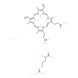 ChemSpider 2D Image | ferrous;(2S)-2-amino-5-guanidino-pentanoic acid;3-[(4Z,10Z,14Z,19Z)-18-(2-carboxyethyl)-3,7,12,17-tetramethyl-8,13-divinyl-22,23-dihydroporphyrin-2-yl]propanoic acid | C40H48FeN8O6