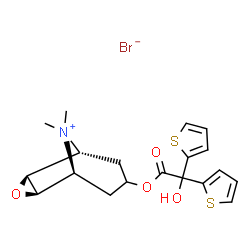 ChemSpider 2D Image | (1R,2S,4R,5S)-7-[2-Hydroxy(di-2-thienyl)acetoxy]-9,9-dimethyl-3-oxa-9-azoniatricyclo[3.3.1.0~2,4~]nonane bromide | C19H22BrNO4S2