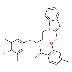 ChemSpider 2D Image | 1-[3-(4-Chloro-3,5-dimethylphenoxy)propyl]-2-[(2-isopropyl-5-methylphenoxy)methyl]-1H-benzimidazole | C29H33ClN2O2