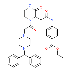 ChemSpider 2D Image | Ethyl 4-{[(1-{[4-(diphenylmethyl)-1-piperazinyl]acetyl}-3-oxo-2-piperazinyl)acetyl]amino}benzoate | C34H39N5O5