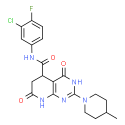 ChemSpider 2D Image | N-(3-Chloro-4-fluorophenyl)-2-(4-methyl-1-piperidinyl)-4,7-dioxo-1,4,5,6,7,8-hexahydropyrido[2,3-d]pyrimidine-5-carboxamide | C20H21ClFN5O3