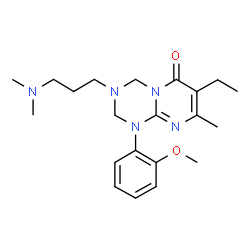 ChemSpider 2D Image | 3-[3-(Dimethylamino)propyl]-7-ethyl-1-(2-methoxyphenyl)-8-methyl-1,2,3,4-tetrahydro-6H-pyrimido[1,2-a][1,3,5]triazin-6-one | C21H31N5O2