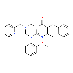 ChemSpider 2D Image | 7-Benzyl-1-(2-methoxyphenyl)-8-methyl-3-(2-pyridinylmethyl)-1,2,3,4-tetrahydro-6H-pyrimido[1,2-a][1,3,5]triazin-6-one | C27H27N5O2
