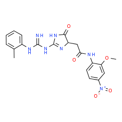 ChemSpider 2D Image | N-(2-Methoxy-4-nitrophenyl)-2-{2-[N'-(2-methylphenyl)carbamimidamido]-4-oxo-4,5-dihydro-1H-imidazol-5-yl}acetamide | C20H21N7O5