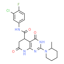 ChemSpider 2D Image | N-(3-Chloro-4-fluorophenyl)-2-(2-methyl-1-piperidinyl)-4,7-dioxo-1,4,5,6,7,8-hexahydropyrido[2,3-d]pyrimidine-5-carboxamide | C20H21ClFN5O3