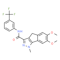 ChemSpider 2D Image | 6,7-Dimethoxy-1-methyl-N-[3-(trifluoromethyl)phenyl]-1,4-dihydroindeno[1,2-c]pyrazole-3-carboxamide | C21H18F3N3O3