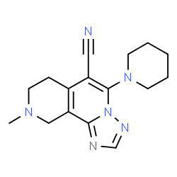 ChemSpider 2D Image | 9-Methyl-5-(1-piperidinyl)-7,8,9,10-tetrahydro[1,2,4]triazolo[5,1-a][2,7]naphthyridine-6-carbonitrile | C16H20N6