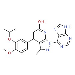 ChemSpider 2D Image | 4-(3-Isopropoxy-4-methoxyphenyl)-3-methyl-1-(9H-purin-6-yl)-4,5-dihydro-1H-pyrazolo[3,4-b]pyridin-6-ol | C22H23N7O3
