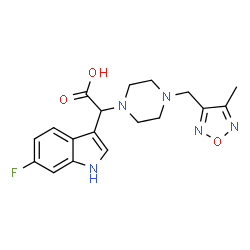 ChemSpider 2D Image | (6-Fluoro-1H-indol-3-yl){4-[(4-methyl-1,2,5-oxadiazol-3-yl)methyl]-1-piperazinyl}acetic acid | C18H20FN5O3