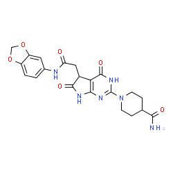 ChemSpider 2D Image | 1-{5-[2-(1,3-Benzodioxol-5-ylamino)-2-oxoethyl]-4,6-dioxo-4,5,6,7-tetrahydro-1H-pyrrolo[2,3-d]pyrimidin-2-yl}-4-piperidinecarboxamide | C21H22N6O6