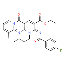 ChemSpider 2D Image | Ethyl (2Z)-1-butyl-2-[(4-fluorobenzoyl)imino]-10-methyl-5-oxo-1,5-dihydro-2H-dipyrido[1,2-a:2',3'-d]pyrimidine-3-carboxylate | C26H25FN4O4