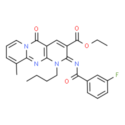 ChemSpider 2D Image | Ethyl (2Z)-1-butyl-2-[(3-fluorobenzoyl)imino]-10-methyl-5-oxo-1,5-dihydro-2H-dipyrido[1,2-a:2',3'-d]pyrimidine-3-carboxylate | C26H25FN4O4