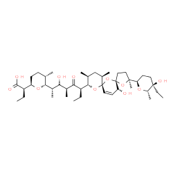 ChemSpider 2D Image | (2R)-2-{(2R,5S,6R)-6-[(2S,3R,4S,6R)-6-{(2S,5S,7R,9S,10S,12R,15R)-2-[(2R,5R,6S)-5-Ethyl-5-hydroxy-6-methyltetrahydro-2H-pyran-2-yl]-15-hydroxy-2,10,12-trimethyl-1,6,8-trioxadispiro[4.1.5.3]pentadec-13-en-9-yl}-3-hydroxy-4-methyl-5-oxooctan-2-yl]-5-methyltetrahydro-2H-pyran-2-yl}butanoic acid | C42H70O11