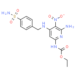 ChemSpider 2D Image | Ethyl {6-amino-5-nitro-4-[(4-sulfamoylbenzyl)amino]-2-pyridinyl}carbamate | C15H18N6O6S