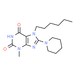 ChemSpider 2D Image | 7-Hexyl-3-methyl-8-(1-piperidinyl)-3,7-dihydro-1H-purine-2,6-dione | C17H27N5O2