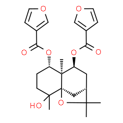 ChemSpider 2D Image | (1R,5S,6S,7S)-2-Hydroxy-2,6,10,10-tetramethyl-11-oxatricyclo[7.2.1.0~1,6~]dodecane-5,7-diyl di(3-furoate) | C25H30O8