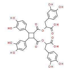 ChemSpider 2D Image | 2,2'-{[3,4-Bis(3,4-dihydroxyphenyl)-1,2-cyclobutanediyl]bis(carbonyloxy)}bis[3-(3,4-dihydroxyphenyl)propanoic acid] | C36H32O16