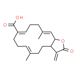 ChemSpider 2D Image | (6E,10Z,14E)-6,14-Dimethyl-3-methylene-2-oxo-2,3,3a,4,5,8,9,12,13,15a-decahydrocyclotetradeca[b]furan-10-carboxylic acid | C20H26O4