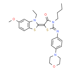 ChemSpider 2D Image | (2Z,5Z)-3-Butyl-5-(3-ethyl-5-methoxy-1,3-benzothiazol-2(3H)-ylidene)-2-{[4-(4-morpholinyl)phenyl]imino}-1,3-thiazolidin-4-one | C27H32N4O3S2