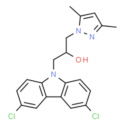 ChemSpider 2D Image | 1-(3,6-Dichloro-carbazol-9-yl)-3-(3,5-dimethyl-pyrazol-1-yl)-propan-2-ol | C20H19Cl2N3O