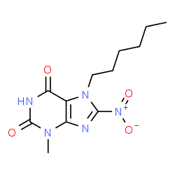 ChemSpider 2D Image | 7-Hexyl-3-methyl-8-nitro-3,7-dihydro-1H-purine-2,6-dione | C12H17N5O4