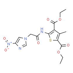 ChemSpider 2D Image | Diethyl 3-methyl-5-{[(4-nitro-1H-imidazol-1-yl)acetyl]amino}-2,4-thiophenedicarboxylate | C16H18N4O7S