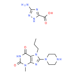 ChemSpider 2D Image | 3-Amino-1H-1,2,4-triazole-5-carboxylic acid - 3-methyl-8-(1-piperazinyl)-7-propyl-3,7-dihydro-1H-purine-2,6-dione (1:1) | C16H24N10O4