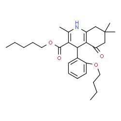 ChemSpider 2D Image | Pentyl 4-(2-butoxyphenyl)-2,7,7-trimethyl-5-oxo-1,4,5,6,7,8-hexahydro-3-quinolinecarboxylate | C28H39NO4