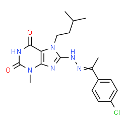 ChemSpider 2D Image | 8-{2-[1-(4-Chlorophenyl)ethylidene]hydrazino}-3-methyl-7-(3-methylbutyl)-3,7-dihydro-1H-purine-2,6-dione | C19H23ClN6O2