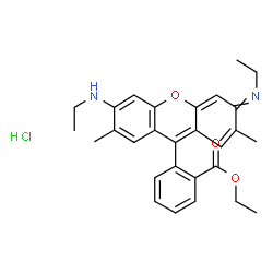 ChemSpider 2D Image | Ethyl 2-[6-(ethylamino)-3-(ethylimino)-2,7-dimethyl-3H-xanthen-9-yl]benzoate hydrochloride (1:1) | C28H31ClN2O3