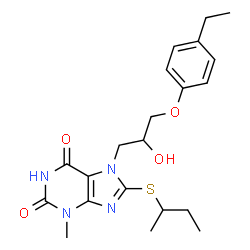 ChemSpider 2D Image | 8-(sec-Butylsulfanyl)-7-[3-(4-ethylphenoxy)-2-hydroxypropyl]-3-methyl-3,7-dihydro-1H-purine-2,6-dione | C21H28N4O4S