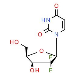 ChemSpider 2D Image | 1-(2-Deoxy-2,2-difluoro-beta-D-threo-pentofuranosyl)-2,4(1H,3H)-pyrimidinedione | C9H10F2N2O5