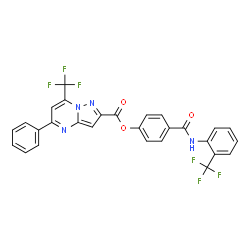 ChemSpider 2D Image | 4-{[2-(Trifluoromethyl)phenyl]carbamoyl}phenyl 5-phenyl-7-(trifluoromethyl)pyrazolo[1,5-a]pyrimidine-2-carboxylate | C28H16F6N4O3